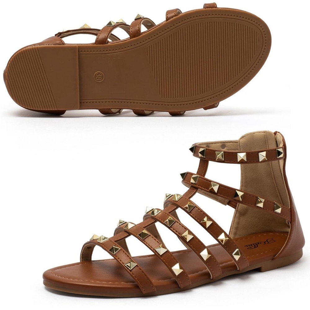 Brown Gladiator Sandals with Gold Studs